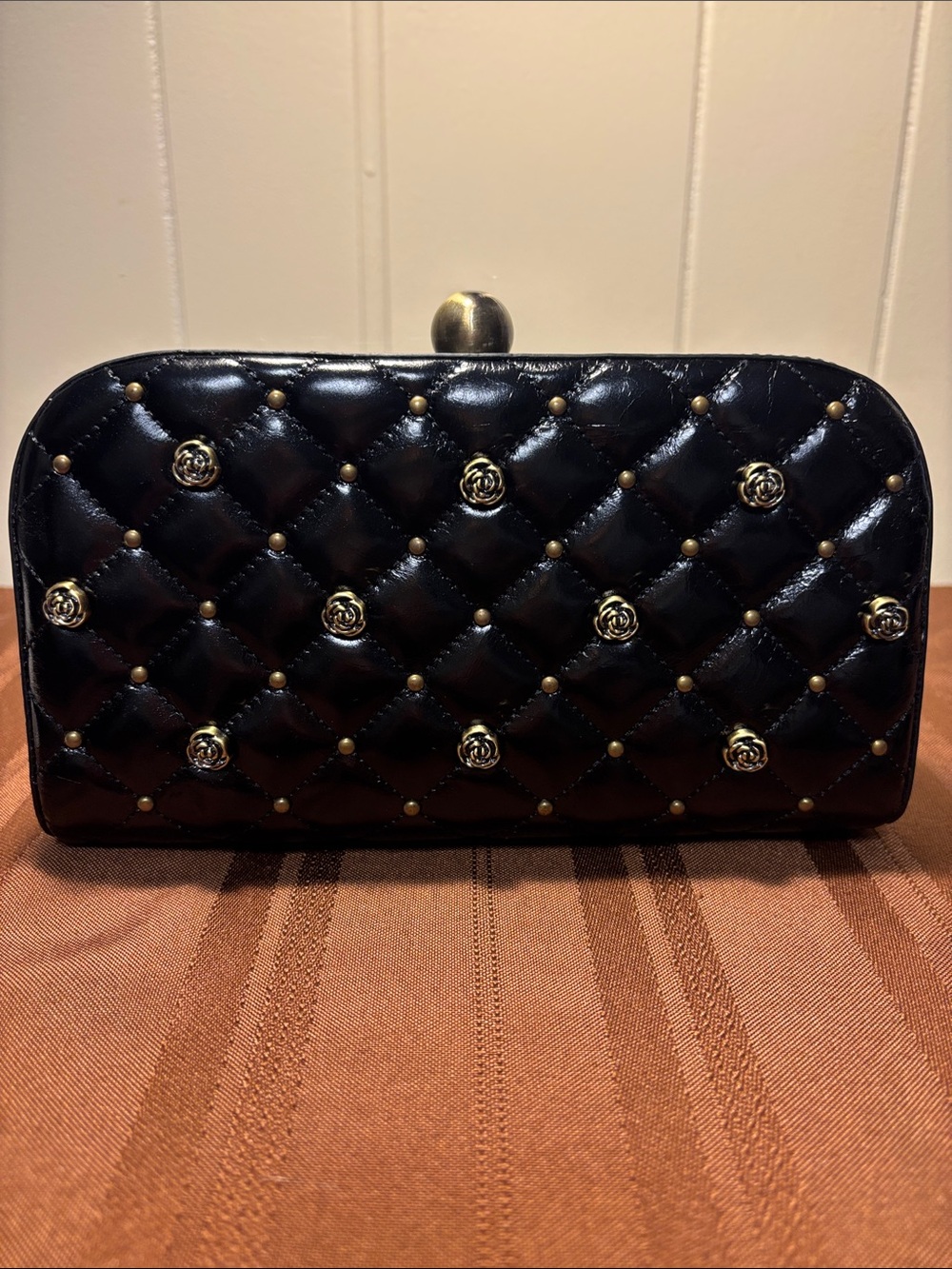 NWT HOBO Lauren Quilted Leather Minaudière Clutch - Black w/ Brass Roses w/Chain